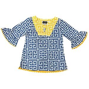 Mud Pie Blue & Yellow Geometric Pom-Pom Tunic
